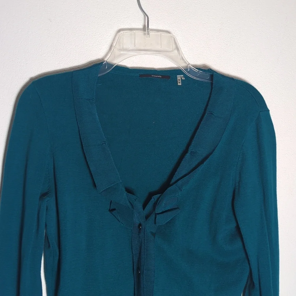 Tahari Womens Cardigan Sweater Teal Green Quiet Luxury Jewel Tone‎ Ribbon Medium